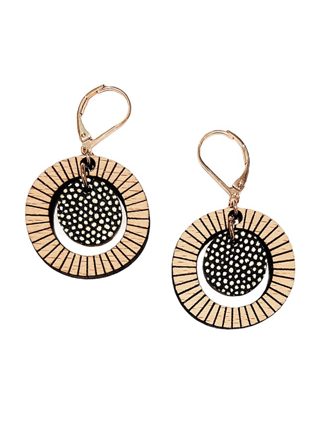 Boucles d'oreilles en bois et cuir BULLE Olive 2