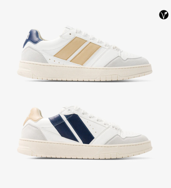 Baskets asymétriques dans les couleurs beiges et bleus, végan, lacets blancs, logo à l'arrière