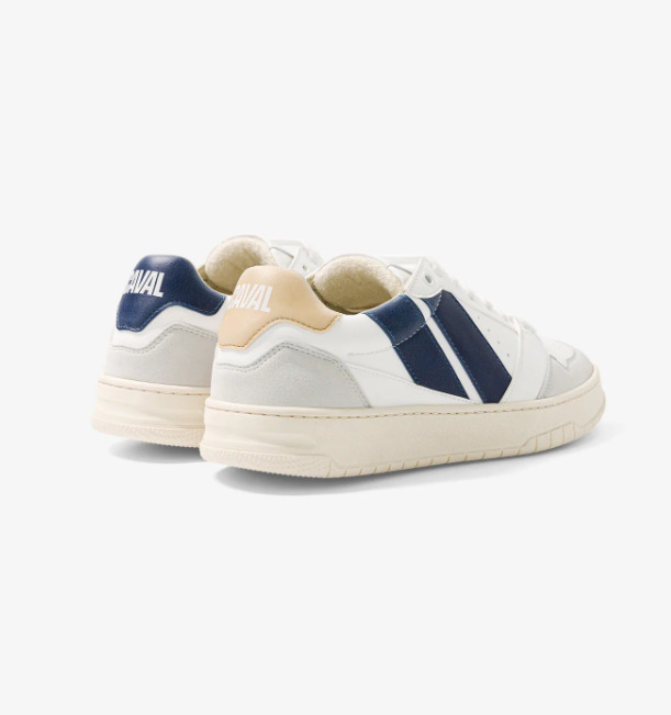 Baskets asymétriques dans les couleurs beiges et bleus, végan, lacets blancs, logo à l'arrière