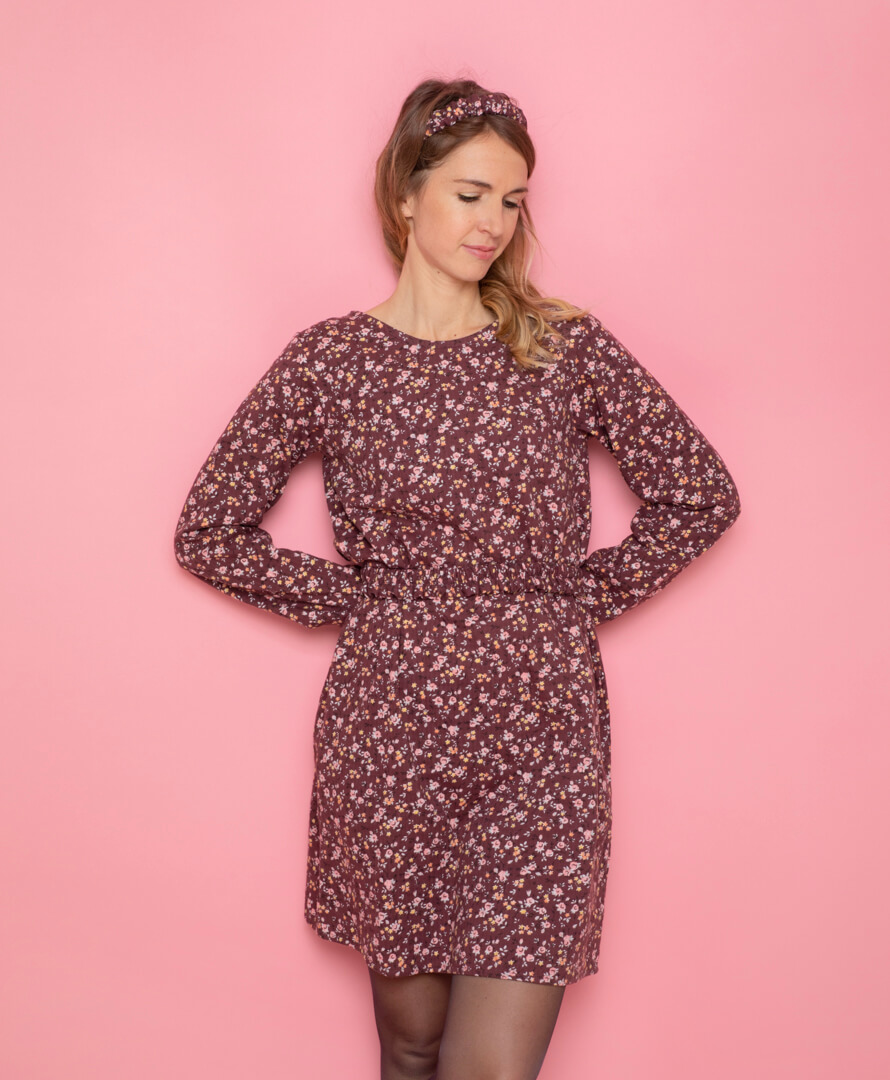 Robe bordeaux à fleurs 100% Coton Bio - fabriquée en France