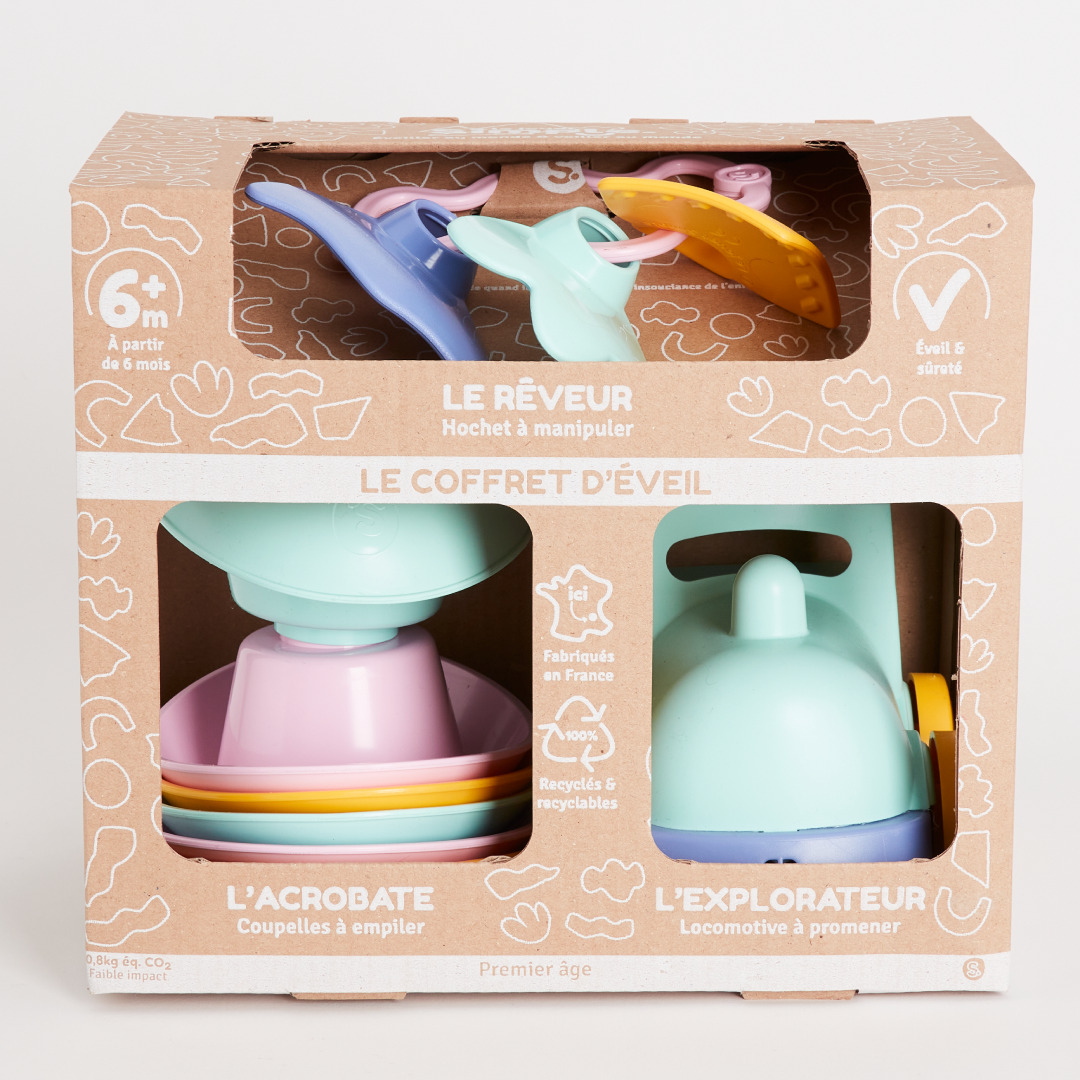 Le Jouet Simple - Coffret d'éveil - hochet rose coupelles à empiler et train vert - Made in France 2