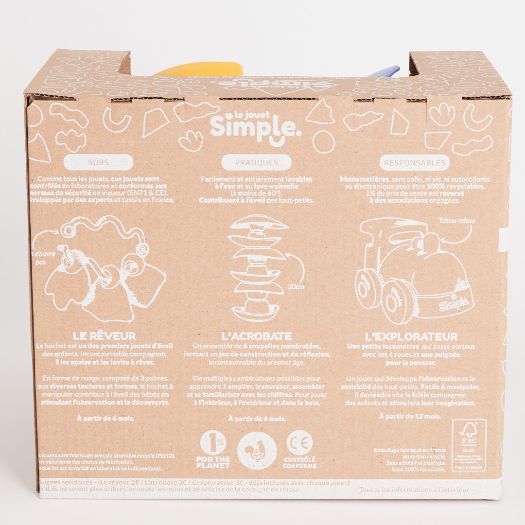 Le Jouet Simple - Coffret d'éveil - hochet bleu coupelles à empiler et train vert - Made in France 5