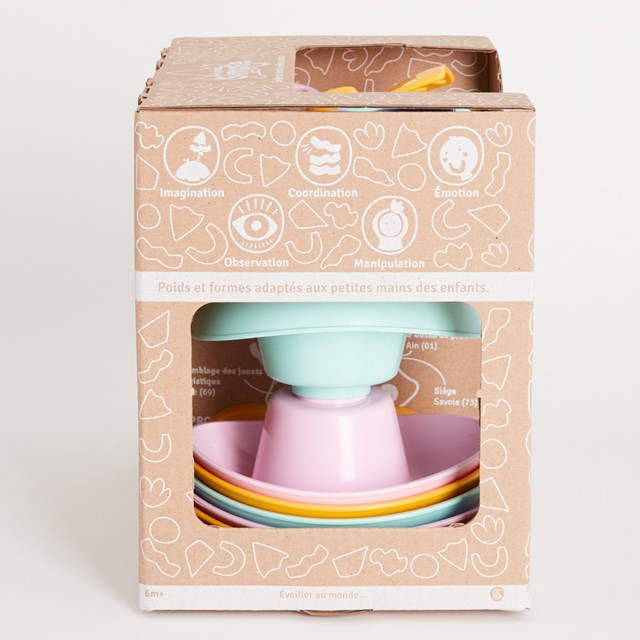 Le Jouet Simple - Coffret d'éveil - hochet vert coupelles à empiler et train bleu- Made in France 6