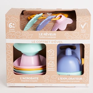 Le Jouet Simple - Coffret d'éveil - hochet orange coupelles à empiler et train bleu- Made in France