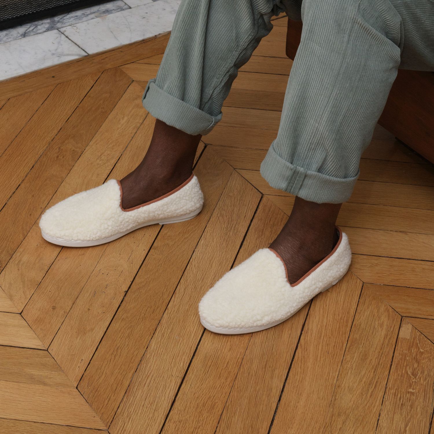 Chausson AW bouclette de laine naturelle, blanc camel 7