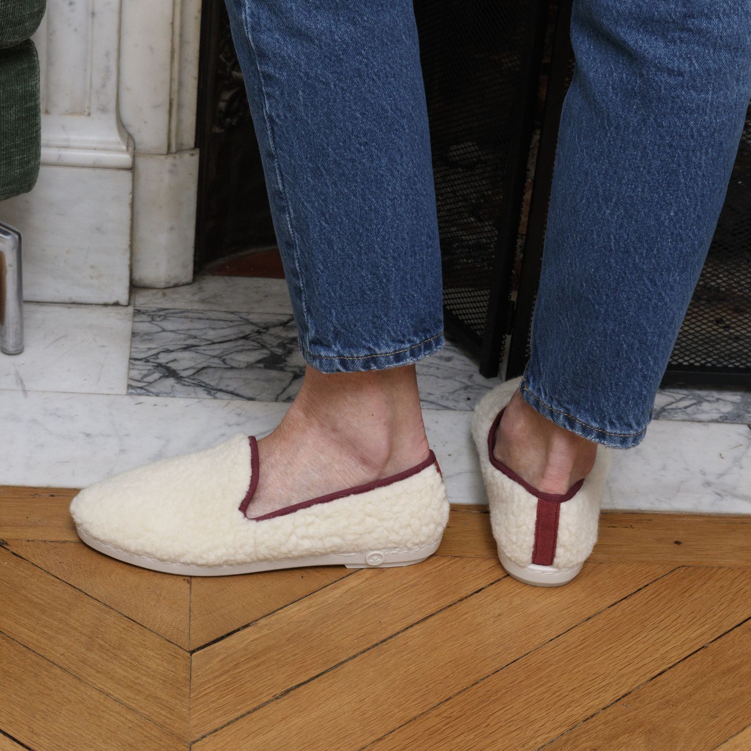 Chausson AW bouclette de laine naturelle, blanc bordeaux 7