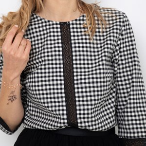 Blouse vichy en flanelle de coton biologique GOTS + dentelle noire - Camille