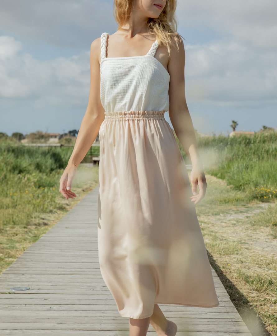 Top écru bretelles tressées double gaze de coton biologique GOTS - Zoé