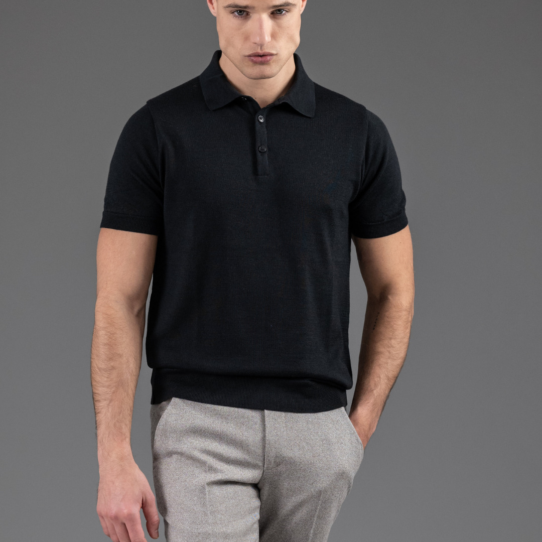 polo manches courtes en maille opaque, Arguin cosy noir