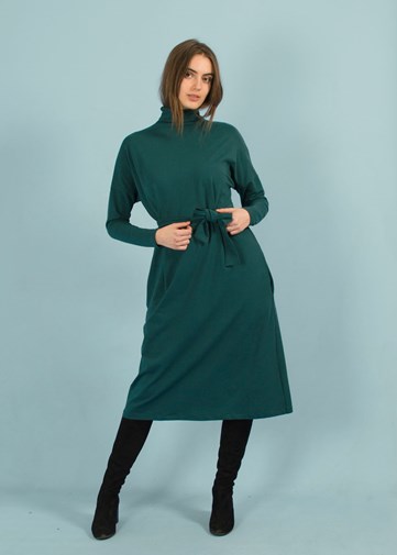 Robe longue à col montant en coton bio fabriquée en France vert émeraude - Wize