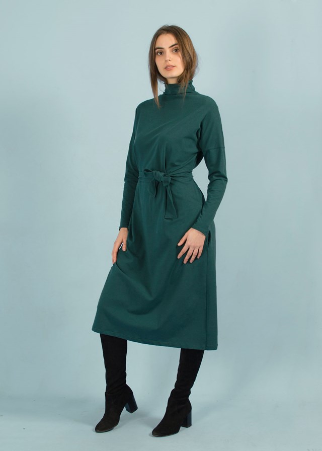 Robe longue à col montant en coton bio fabriquée en France vert émeraude - Wize