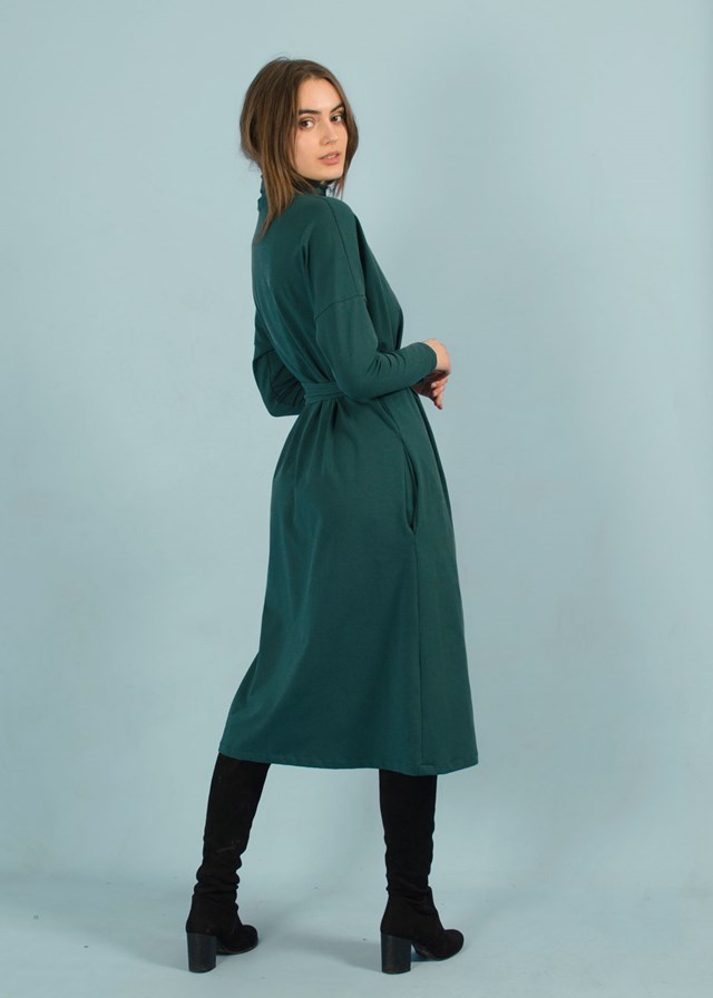 Robe longue à col montant en coton bio fabriquée en France vert émeraude - Wize