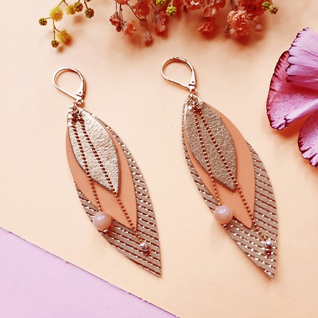 Boucles d'oreilles POP Melon en cuir et pierres fines 2