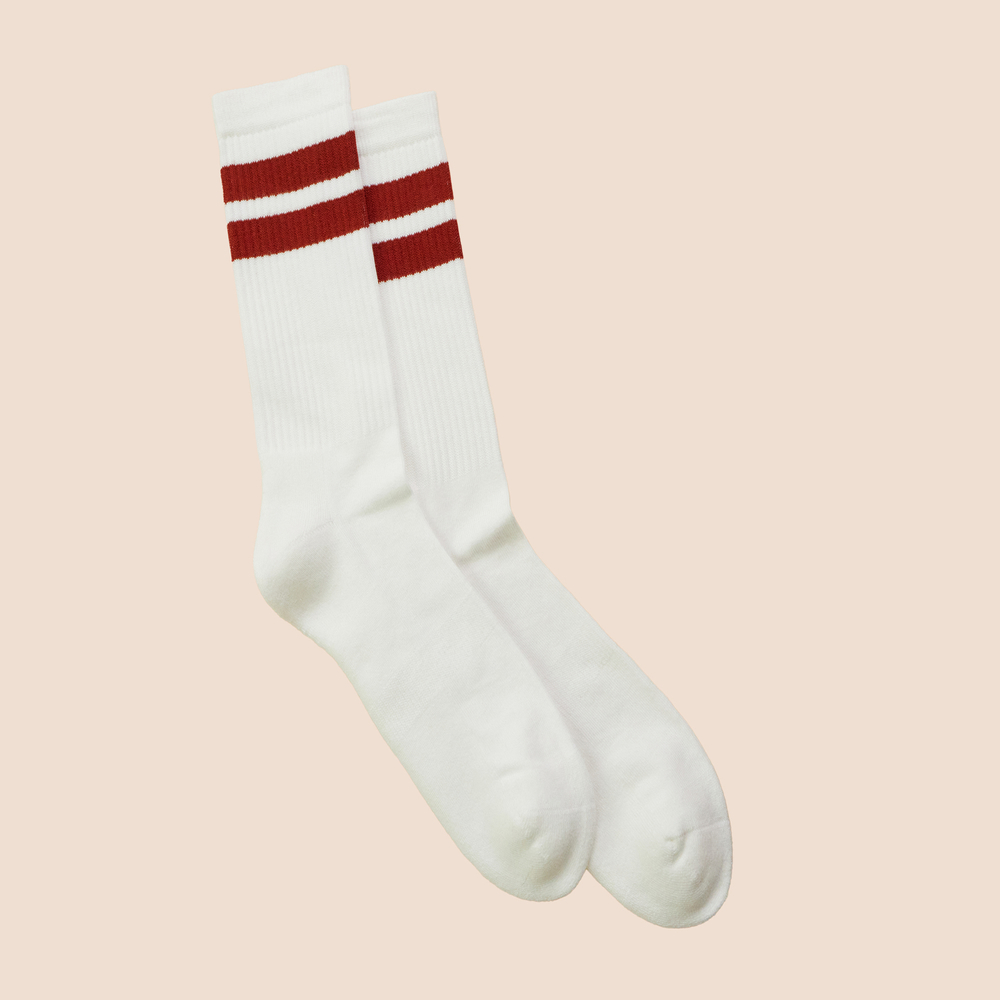 Chaussettes de tennis hautes à rayures en coton biologique pour hommes écru - rouille