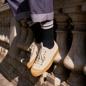 Chaussettes en coton bio rétro hautes bleu marine - gris clair