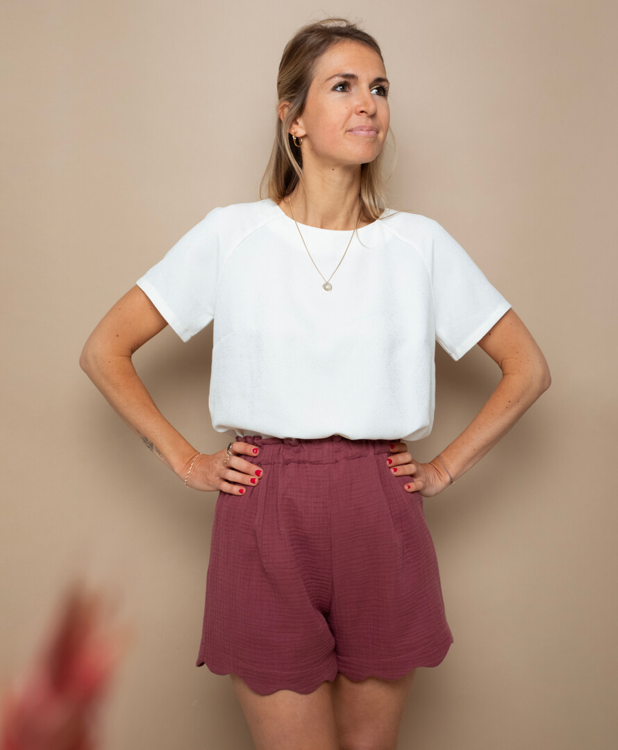 Short festonné taille haute, ceinture à nouer, coton biologique 4