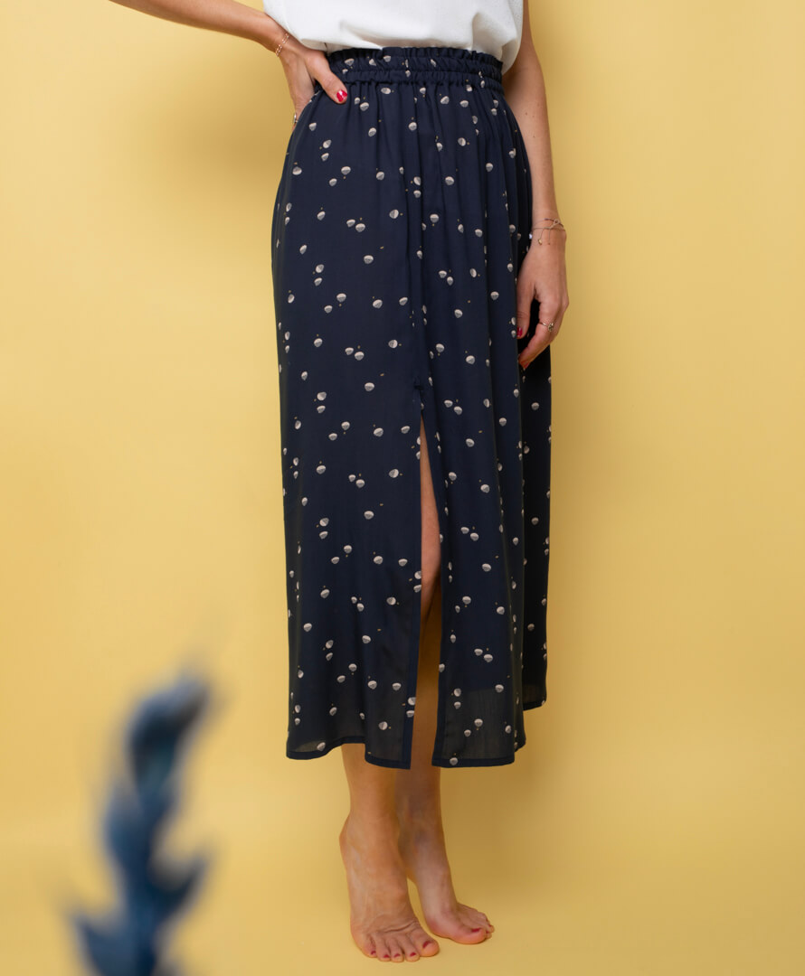 Jupe midi fendue imprimé bleu nuit  100% Viscose EcoVero