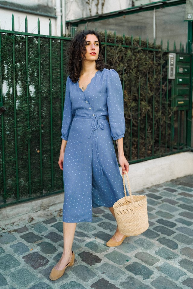 robe portefeuille bleu ciel robe col V robe midi cupro upcyclé made in France