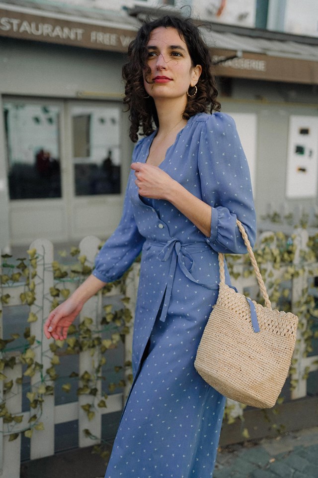 robe portefeuille bleu ciel robe col V robe midi cupro upcyclé made in France