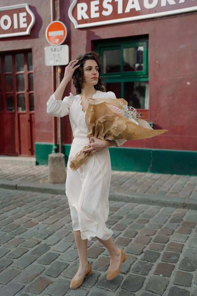 robe portefeuille blanc écru robe col V robe midi cupro upcyclé made in France