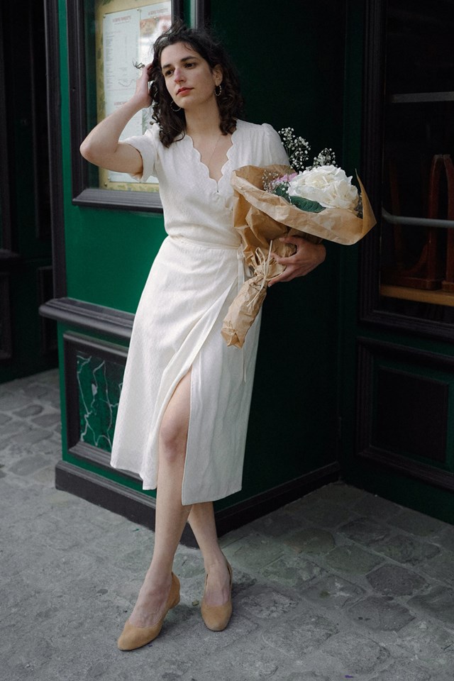 robe portefeuille blanc écru robe col V robe midi cupro upcyclé made in France