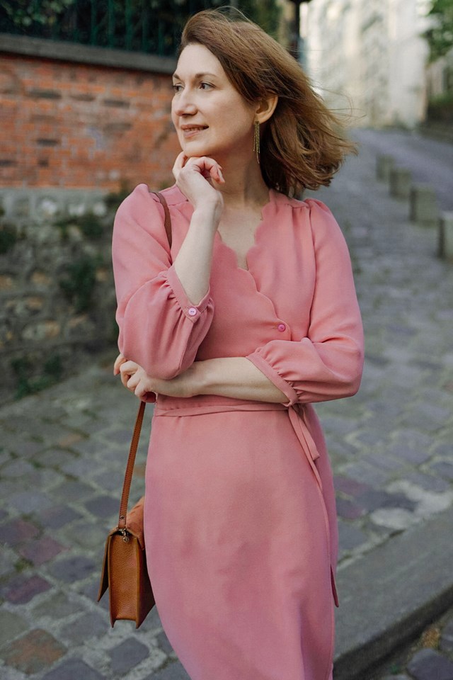robe portefeuille vieux rose poudré col V robe midi viscose upcyclée made in France
