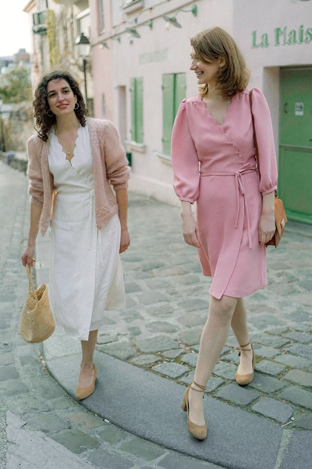 robe portefeuille vieux rose poudré col V robe midi viscose upcyclée made in France