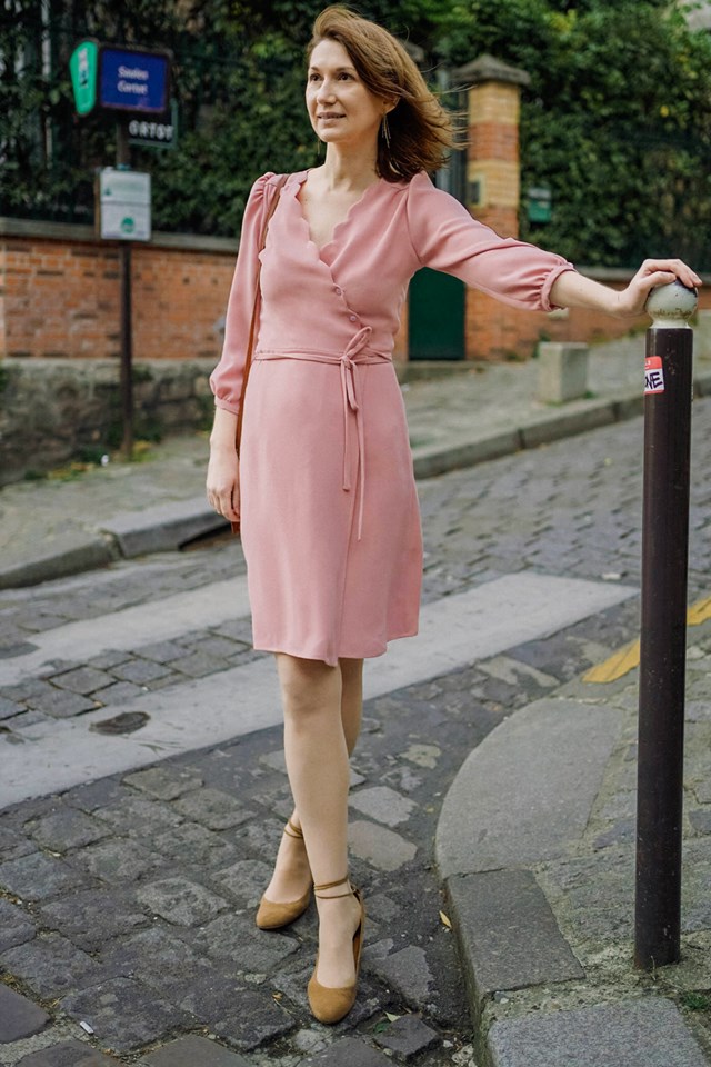 robe portefeuille vieux rose poudré col V robe midi viscose upcyclée made in France