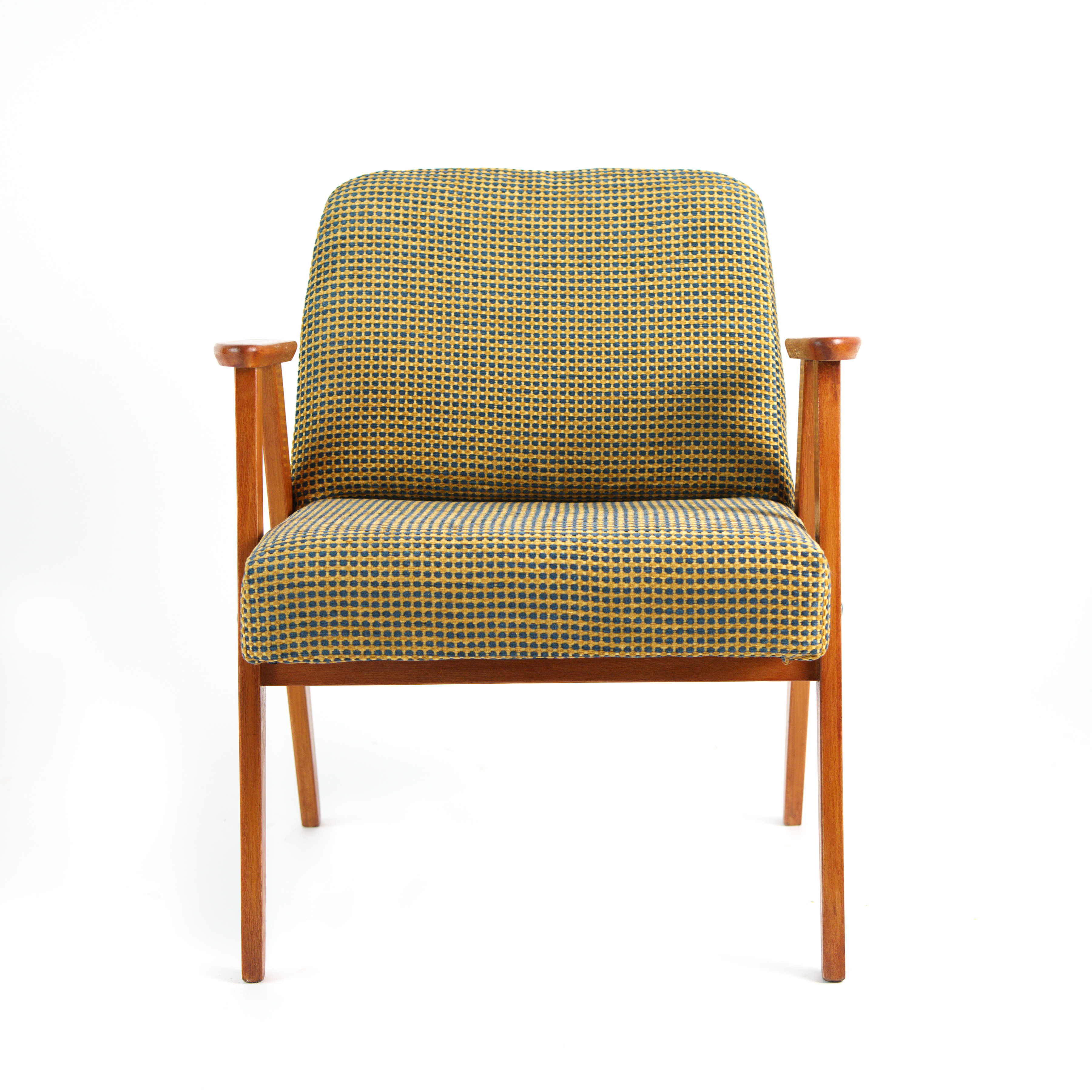 Fauteuil vintage restauré et retapissé - Jaune et bleu 3