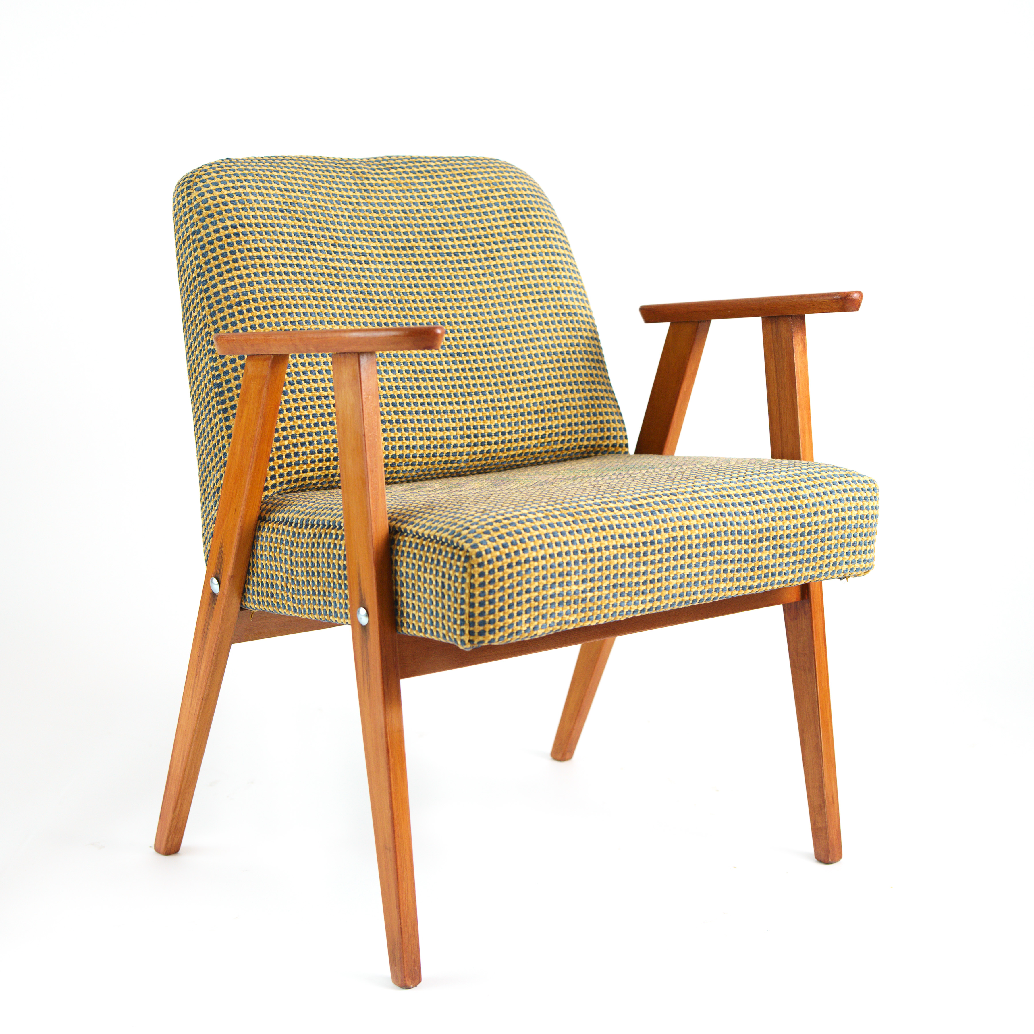 Fauteuil vintage restauré et retapissé - Jaune et bleu 2