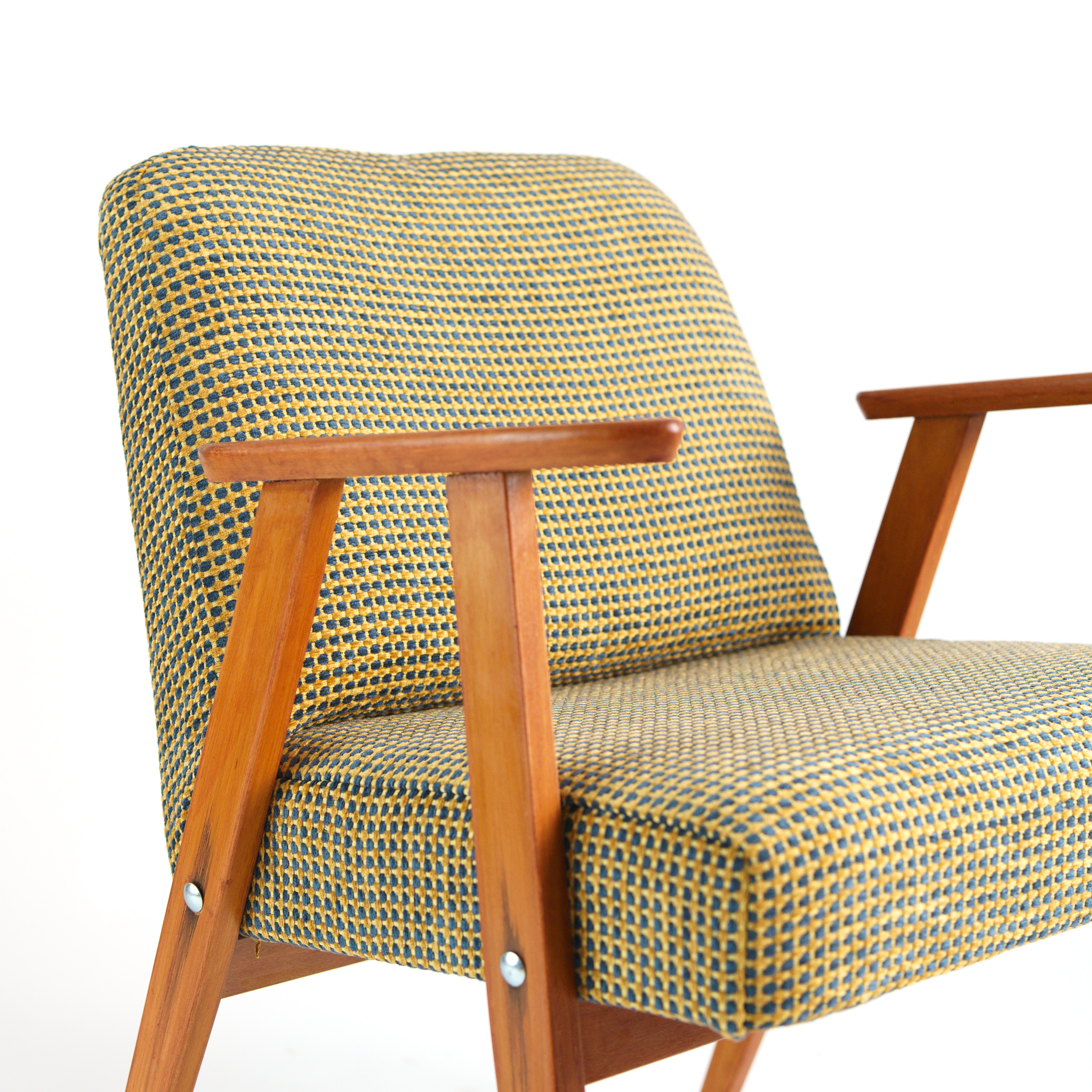 Fauteuil vintage restauré et retapissé - Jaune et bleu 4