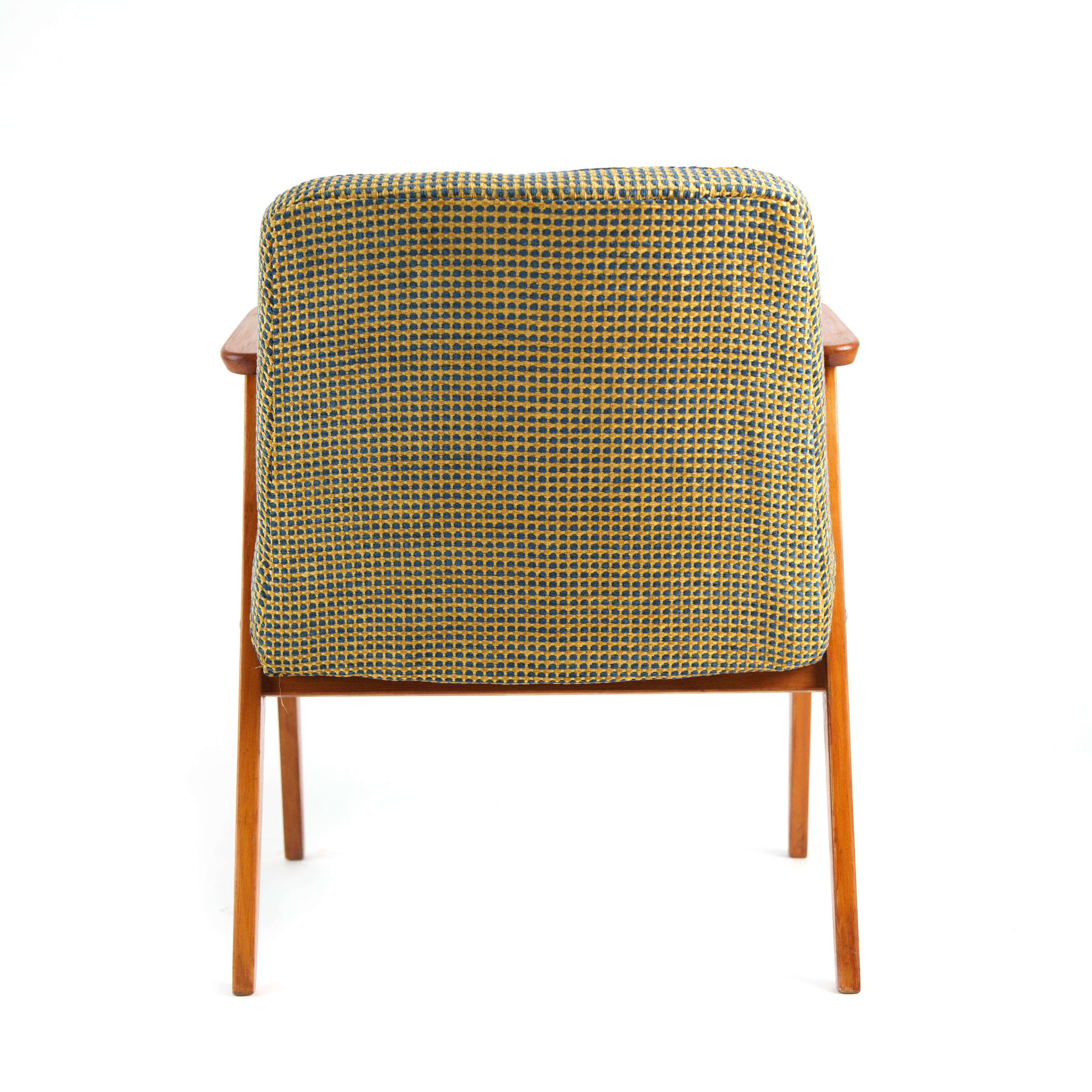 Fauteuil vintage restauré et retapissé - Jaune et bleu 5