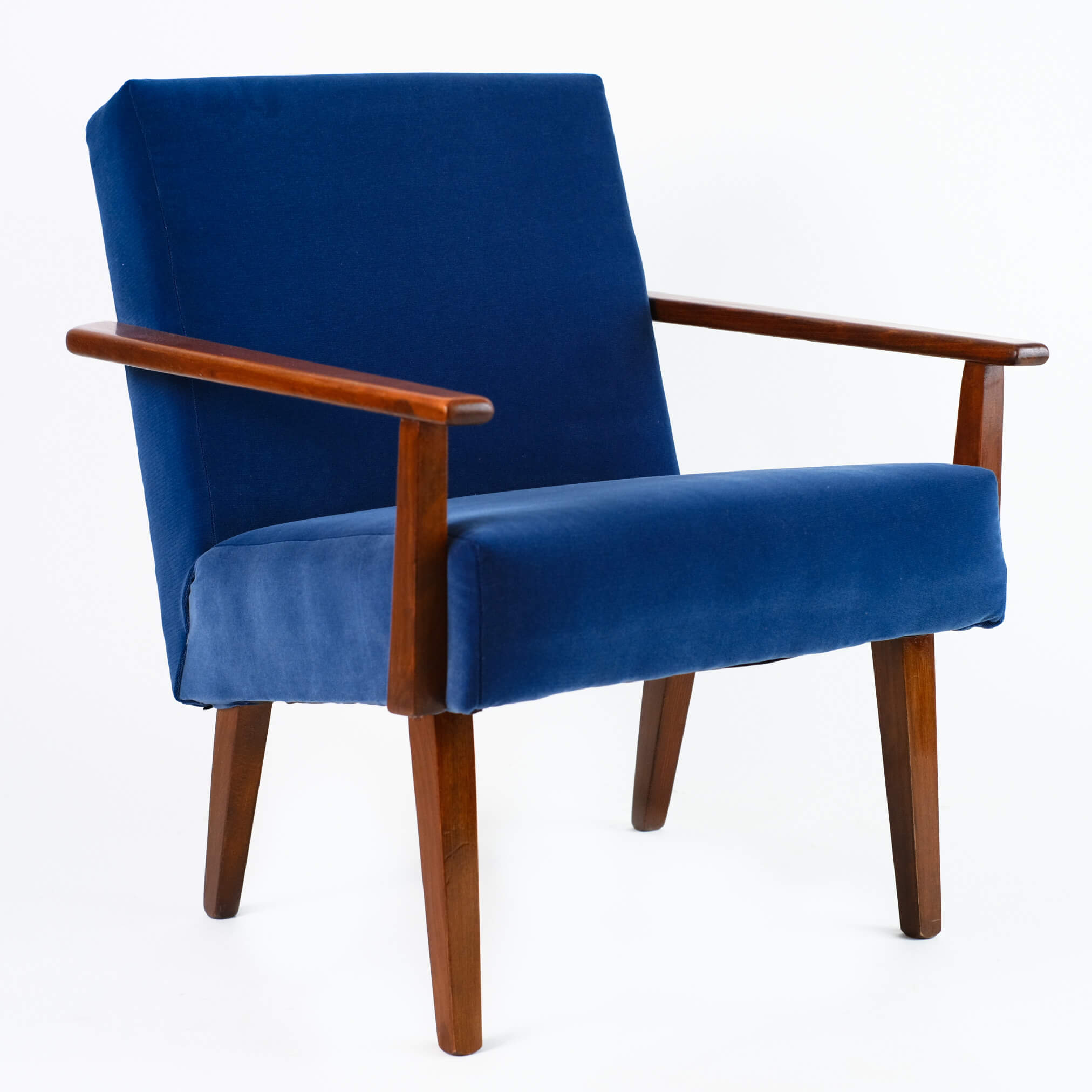 Fauteuil vintage restauré et retapissé - Bleu nuit 2