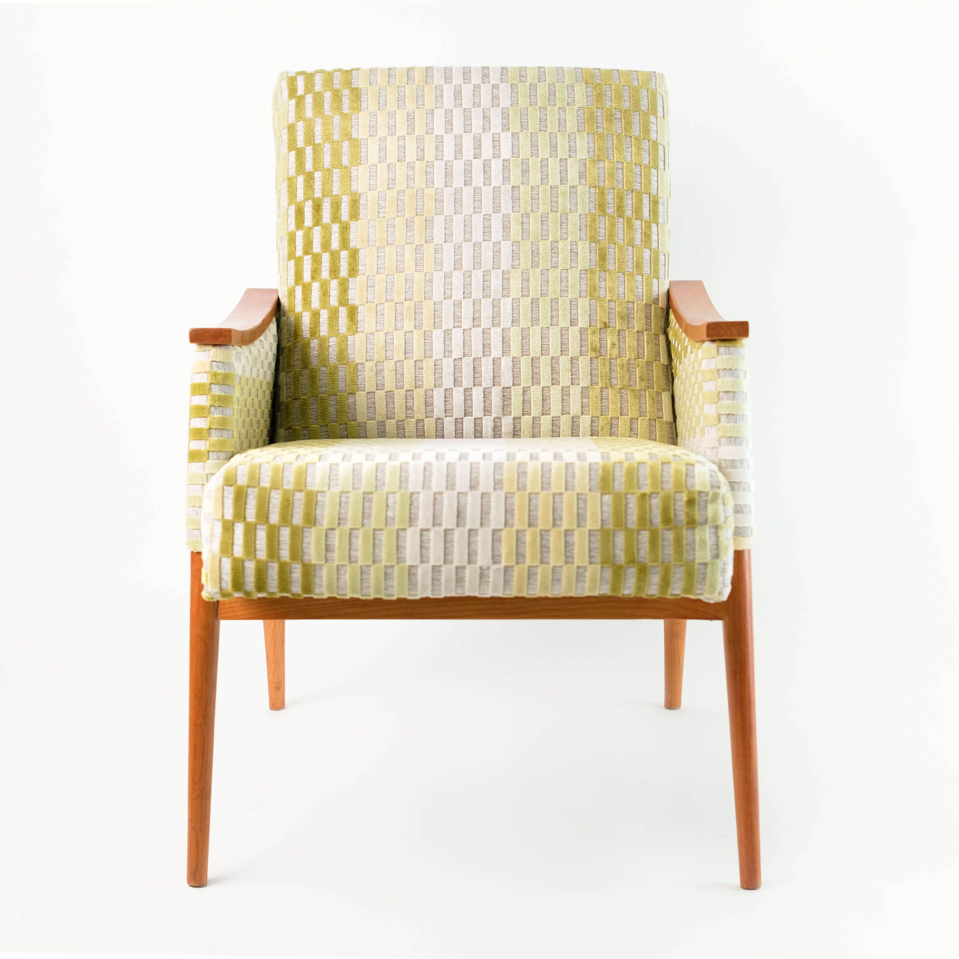 Fauteuil vintage restauré et retapissé - Vert Carreaux 4