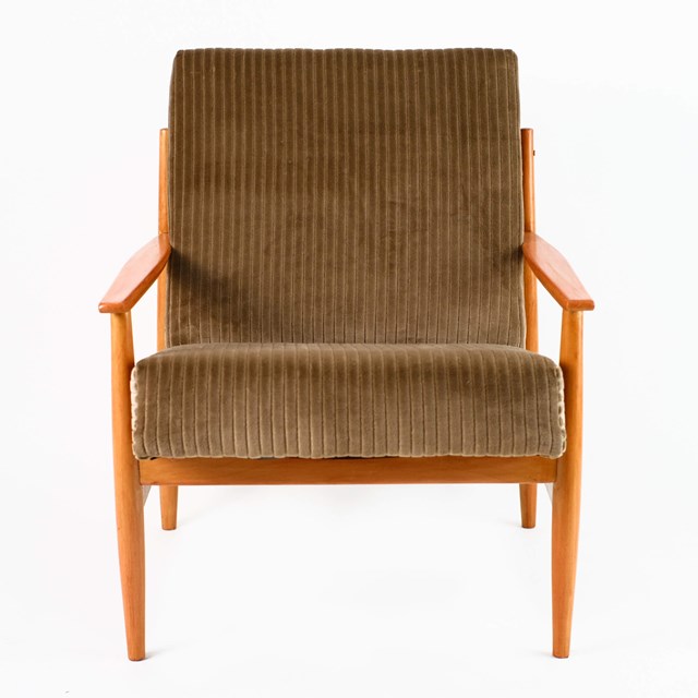 Fauteuil vintage restauré et retapissé - Café Latte 4