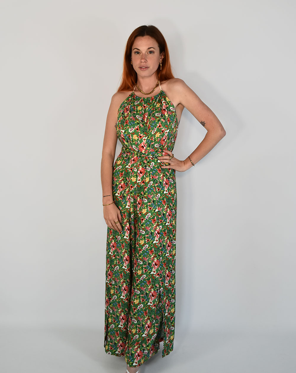 Combinaison portfefeuille ZUDO imprimé vert fleuris en EcoVero Made in France AATISE écoresponsable