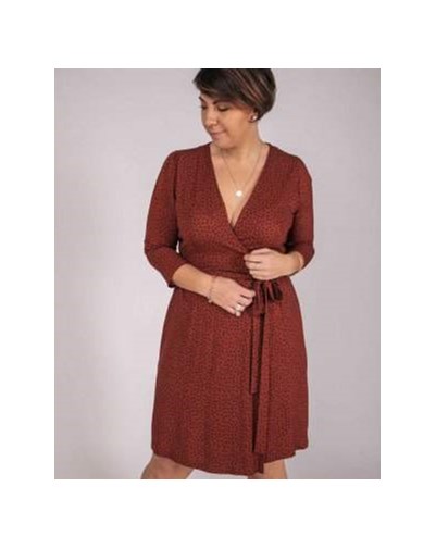 ROBE PORTEFEUILLE ZURAS MANCHES 3/4 IMPRIMÉ BRIQUE POIS NOIRS