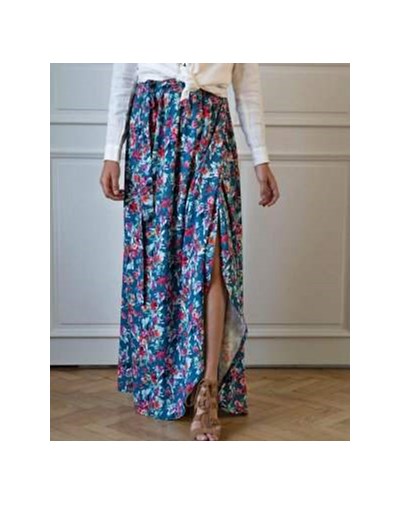 JUPE LONGUE PORTEFEUILLE FLEURI BLEU ZILOU 100% ECOVERO