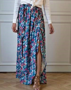 JUPE LONGUE PORTEFEUILLE FLEURI BLEU ZILOU 100% ECOVERO AATISE