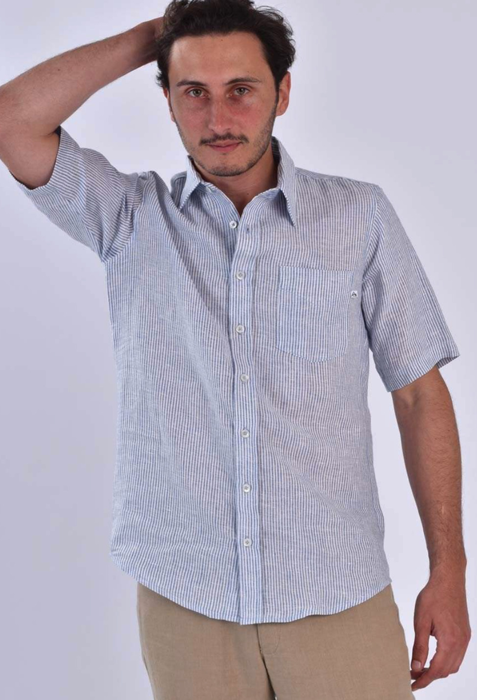 Chemise Zupiter Homme en 100% Lin - Rayé bleu avec manches courtes Made in France