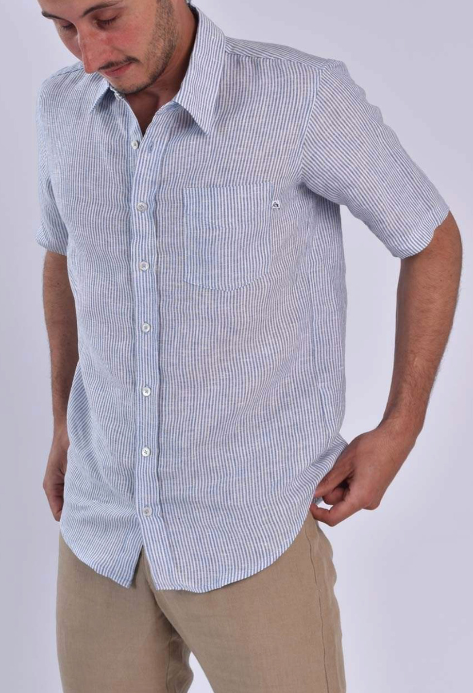 Chemise Zupiter Homme en 100% Lin - Rayé bleu avec manches courtes Made in France