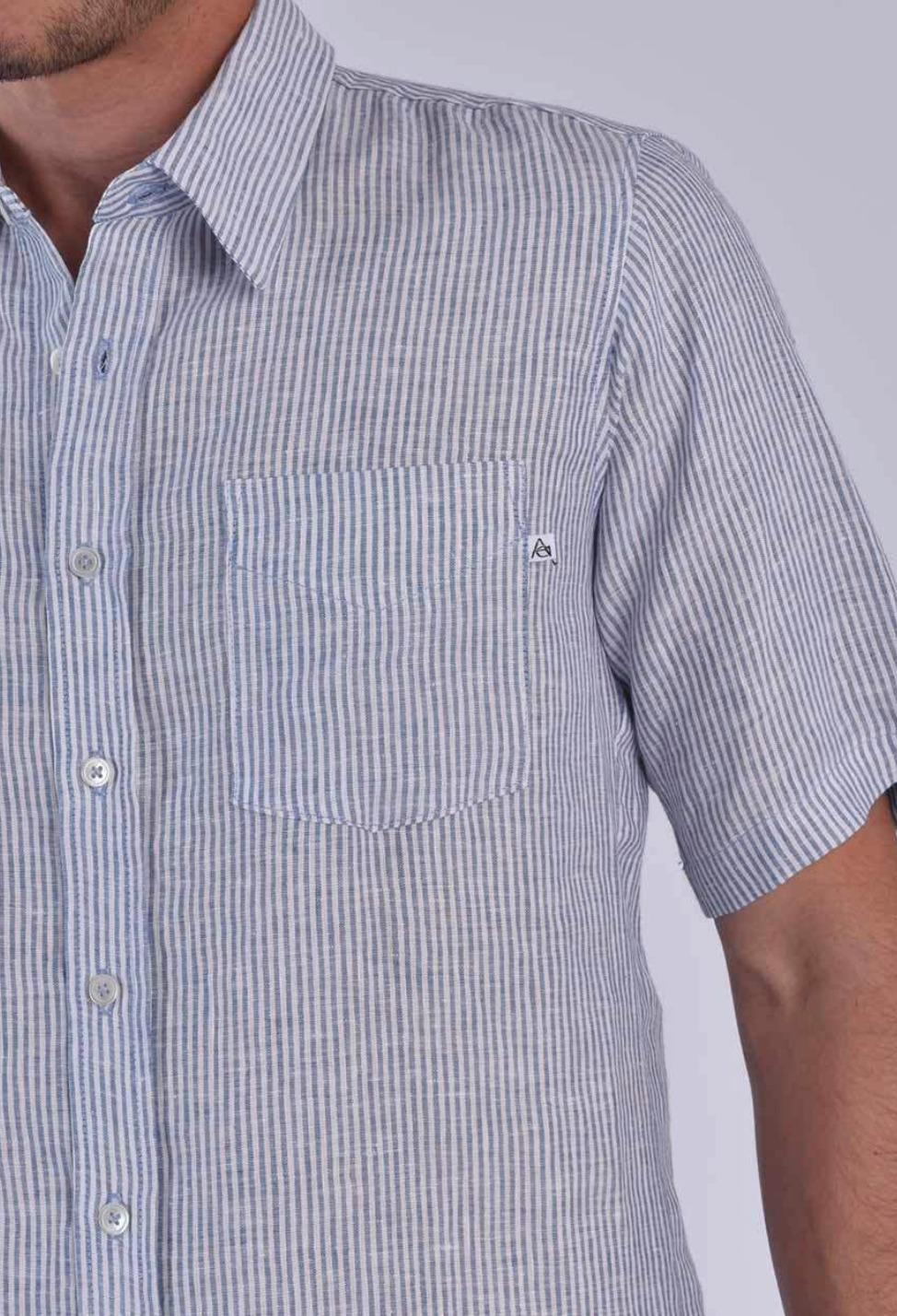Chemise Zupiter Homme en 100% Lin - Rayé bleu avec manches courtes Made in France