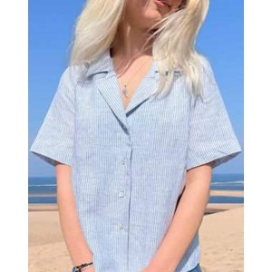 Chemisier à col cubain ZAVI 100% Ecovero imprimé rayé bleu et blanc