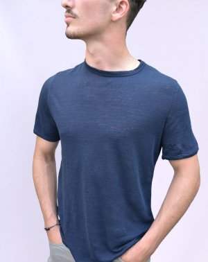 T-SHIRT ZOKKA HOMME - 100% Lin Bleu Marine