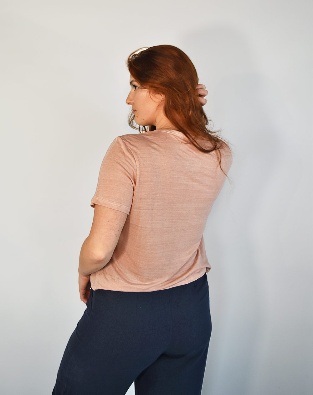 T-SHIRT ZESI FEMME - 100% Lin Rose, Col V de dos