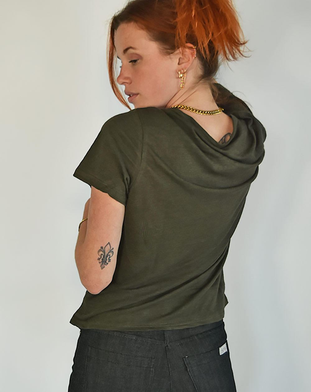 T-SHIRT ZESI FEMME - 100% Lin Kaki, Col V de dos