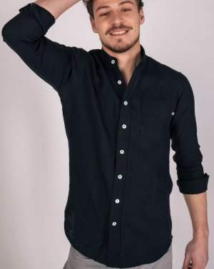 Chemise Col Officier Zeus Homme en 100% Lin Made in France Noir 2