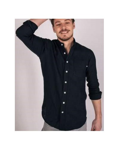 Chemise Col Officier Zeus Homme en 100% Lin Made in France Noir