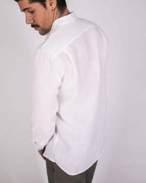 Chemise Col Officier Zeus Homme en 100% Lin BLANC Made in France 3