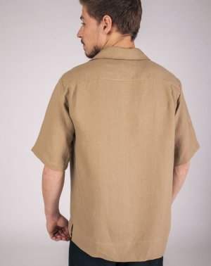 CHEMISIER ZAGNUM - 100% Lin Beige Col urbain - Made in France de dos